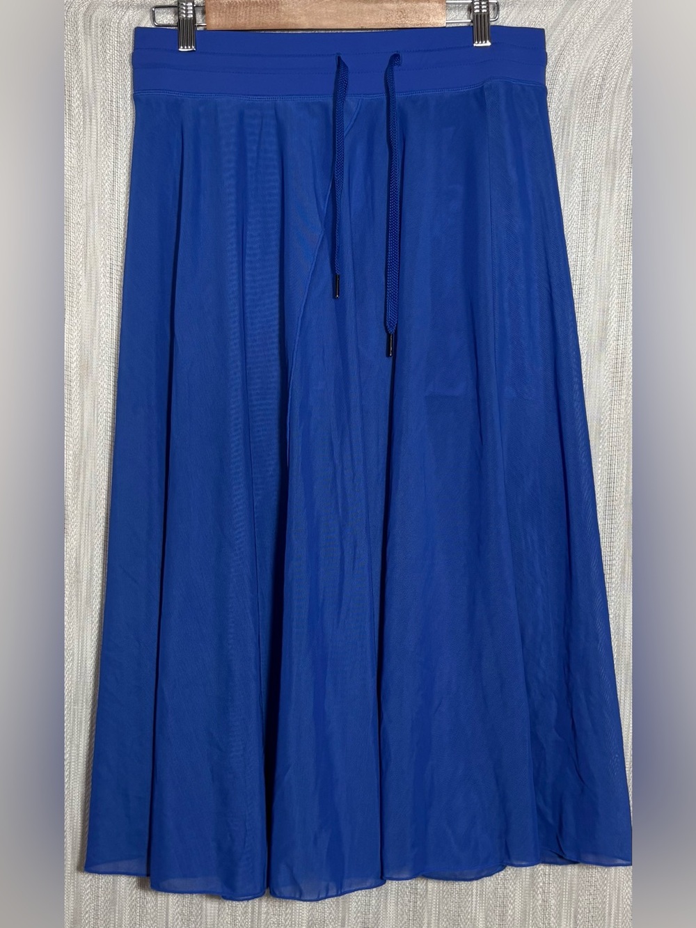 High Waisted Drawstring Contrast Mesh 2-in-1 Side Pocket Flowy Midi Flare
